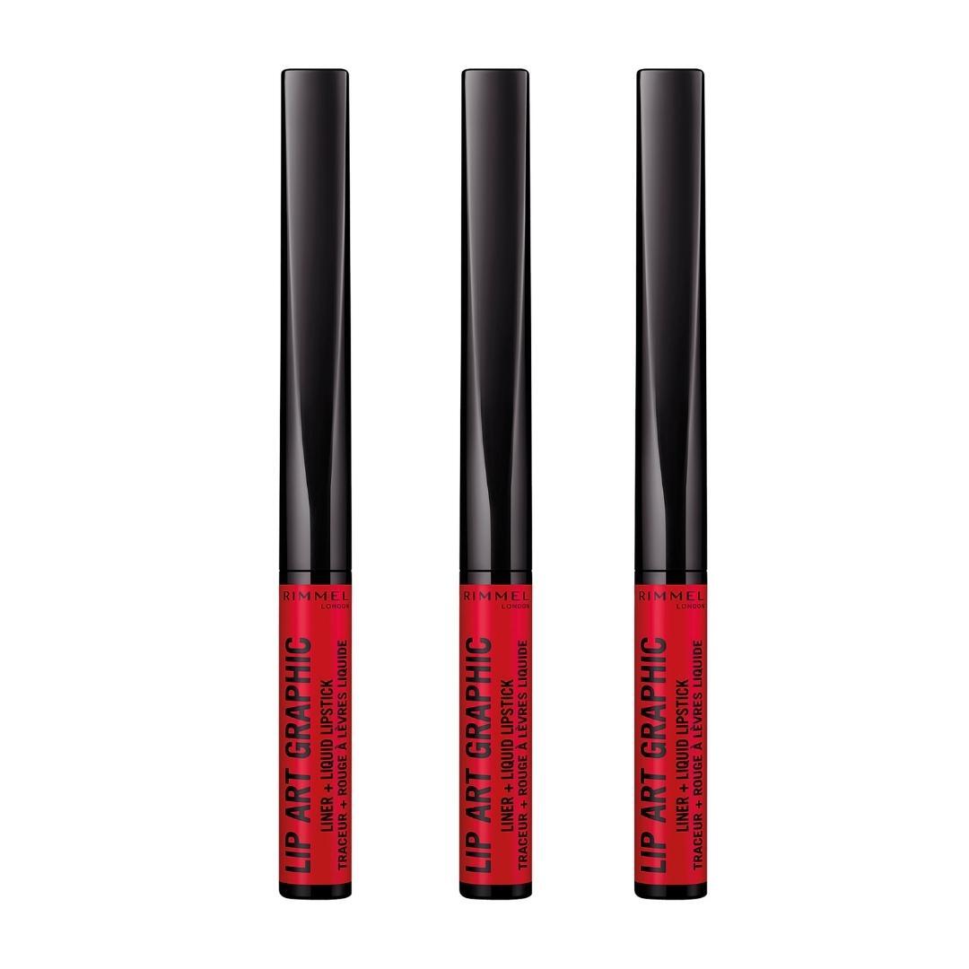 3 x Rimmel London Lip Art Graphic 2 in 1 Liner and Liquid Lipstick 1.8mL - 610 Hot Spot