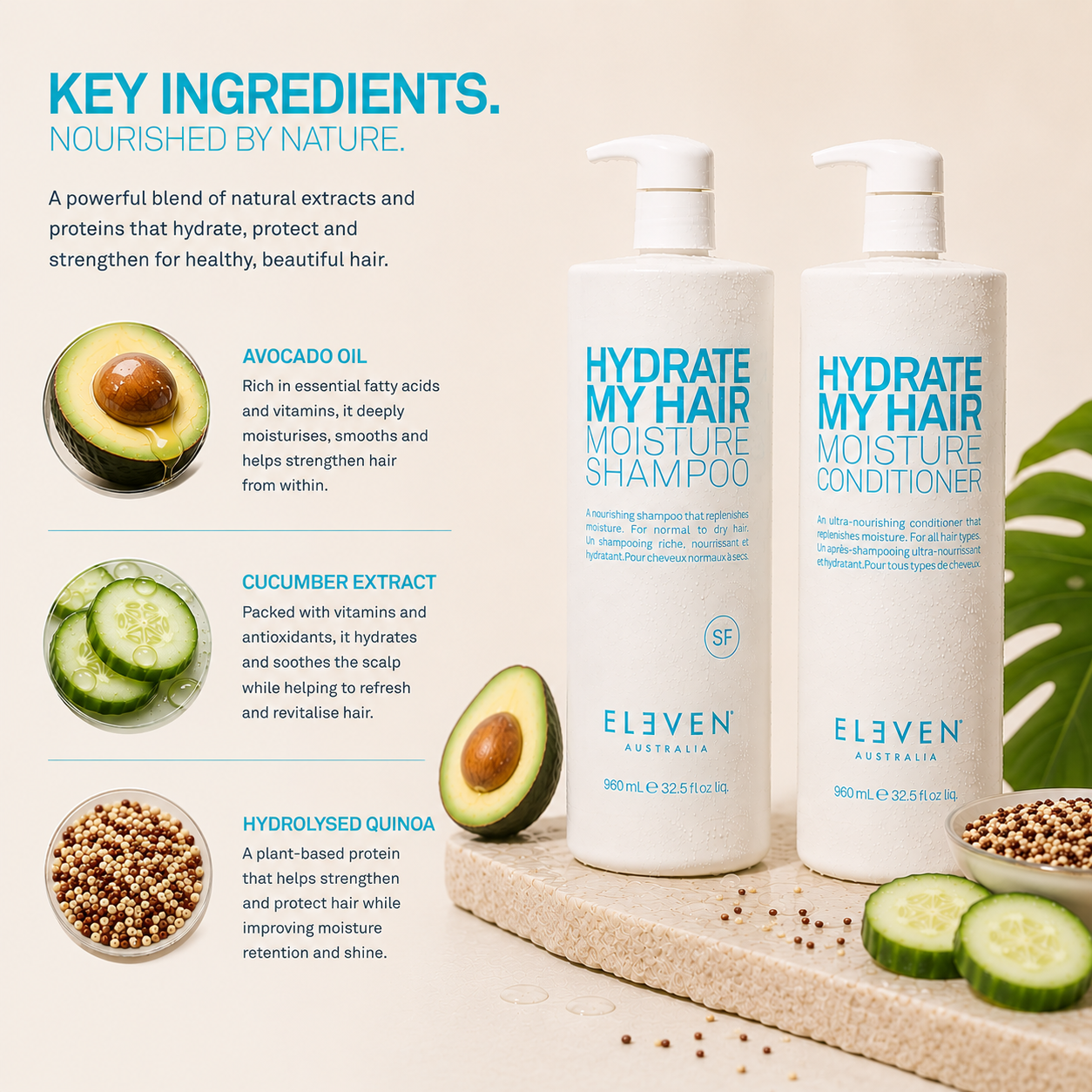 Eleven Australia Hydrate My Hair Moisture Shampoo & Conditioner 960mL Duo