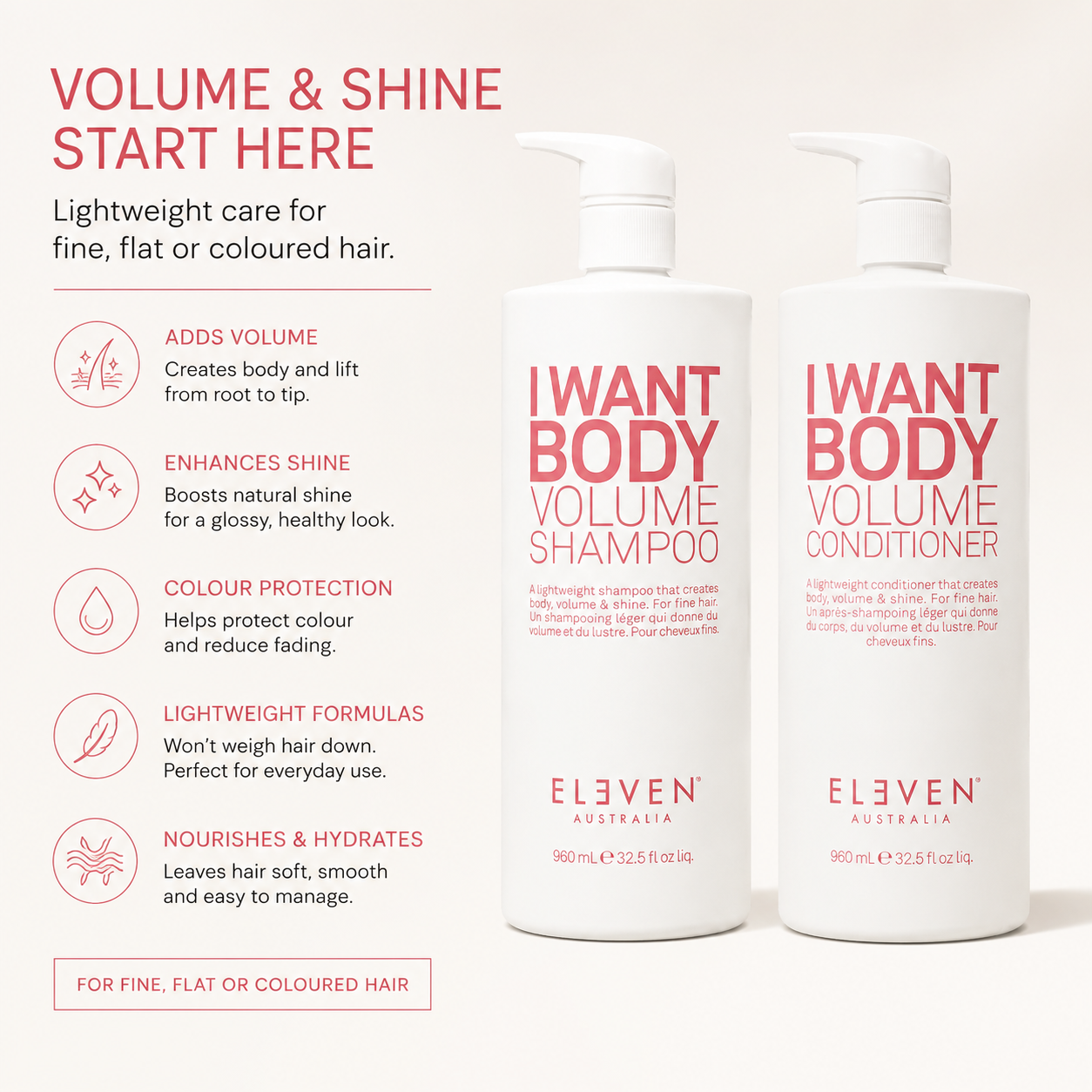Eleven Australia I Want Body Volume Shampoo & Conditioner 960mL Duo