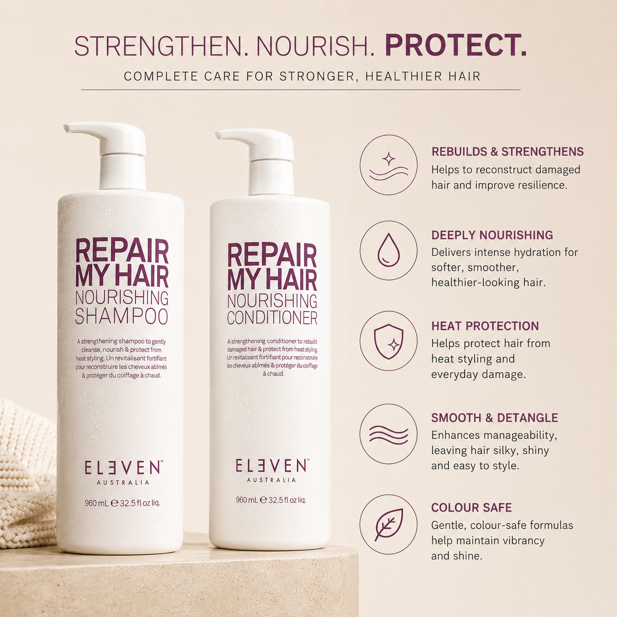Eleven Australia Repair My Hair Nourishing Shampoo & Conditioner 960mL Duo