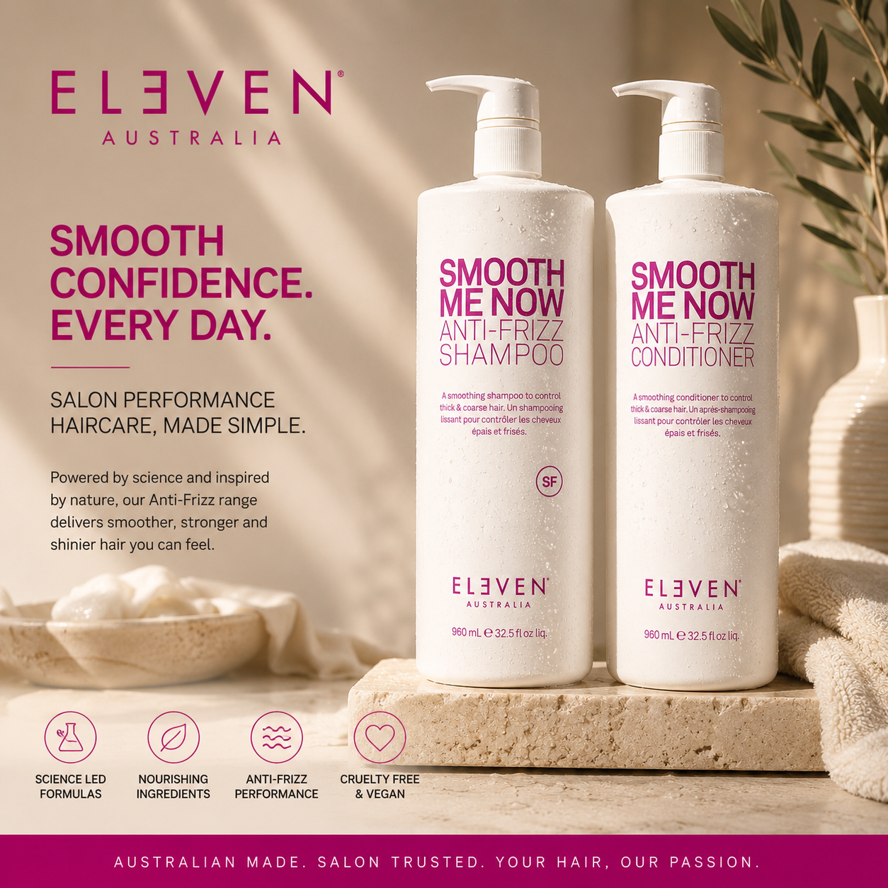 Eleven Australia Smooth Me Now Anti-Frizz Shampoo & Conditioner 960mL Duo