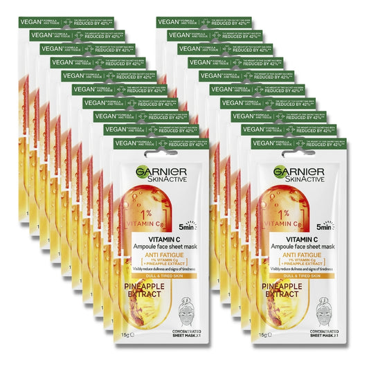 20 x Garnier SkinActive Vitamin C Anti-Fatigue Ampoule Sheet Face Mask 15g - Pineapple Extract