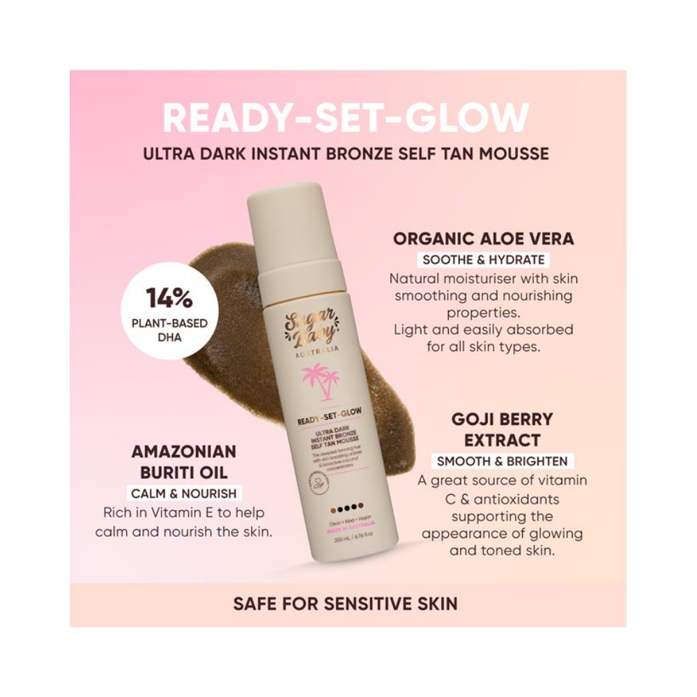 3 x SugarBaby Ready Set Glow Ultra Dark Instant Bronze Self Tan Mousse 200mL