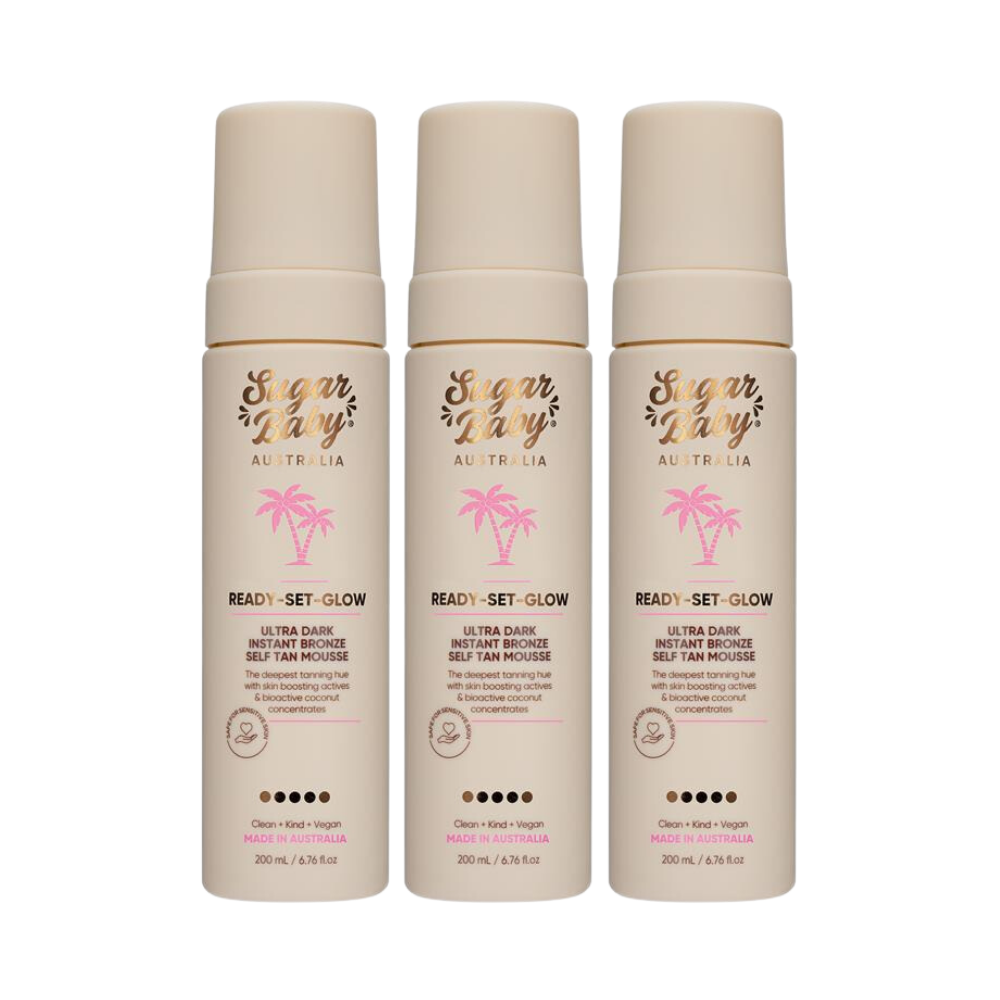 3 x SugarBaby Ready Set Glow Ultra Dark Instant Bronze Self Tan Mousse 200mL