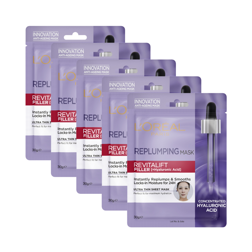 5 x L'Oreal Paris Revitalift Filler [+Hyaluronic Acid] Replumping Sheet Face Mask 30g