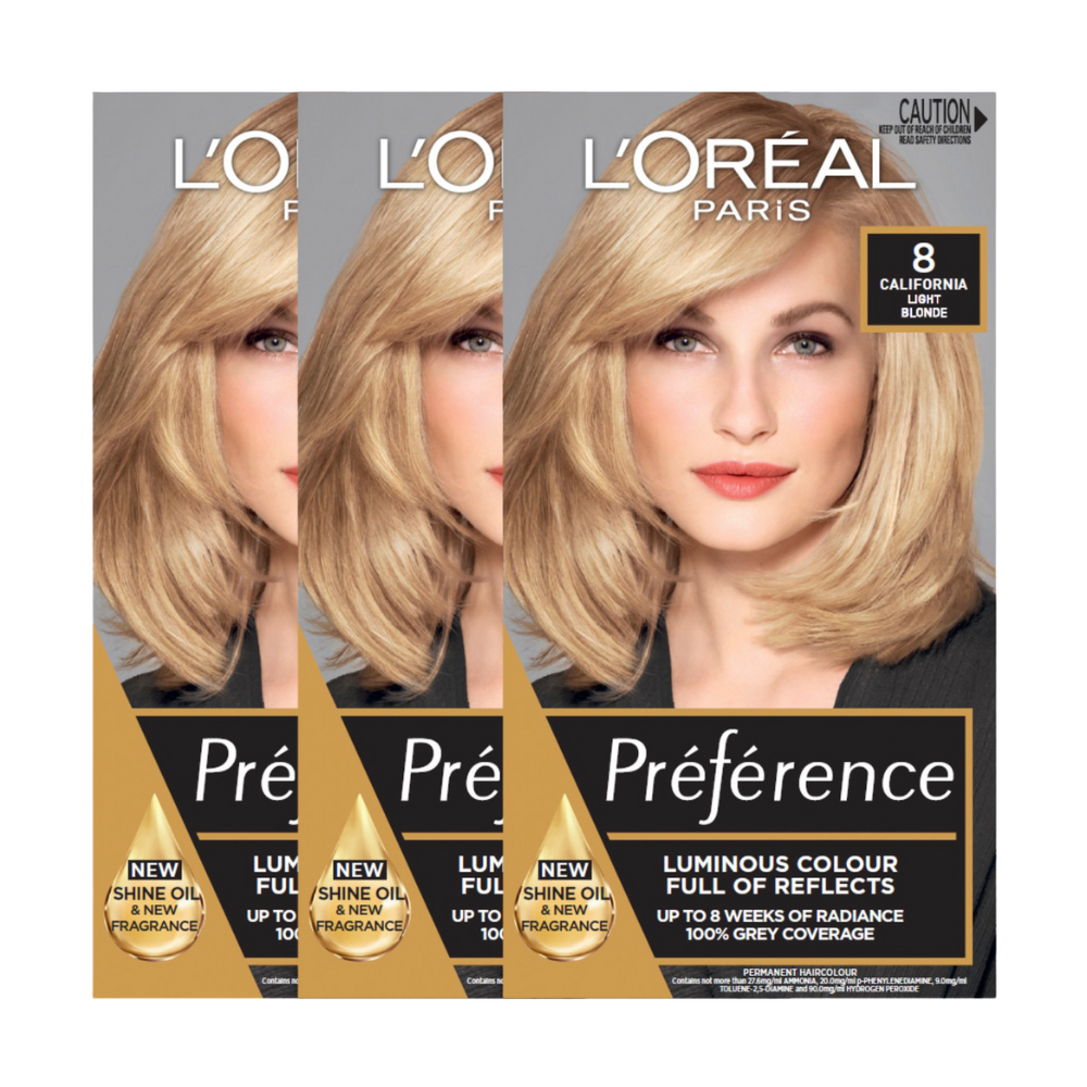 3 x L'Oreal Paris Preference Permanent Hair Colour - 8 California Light Blonde