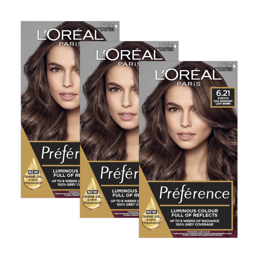 3 x L'Oreal Paris Preference Permanent Hair Colour - 6.21 Zurich Cool Iridescent Light Brown