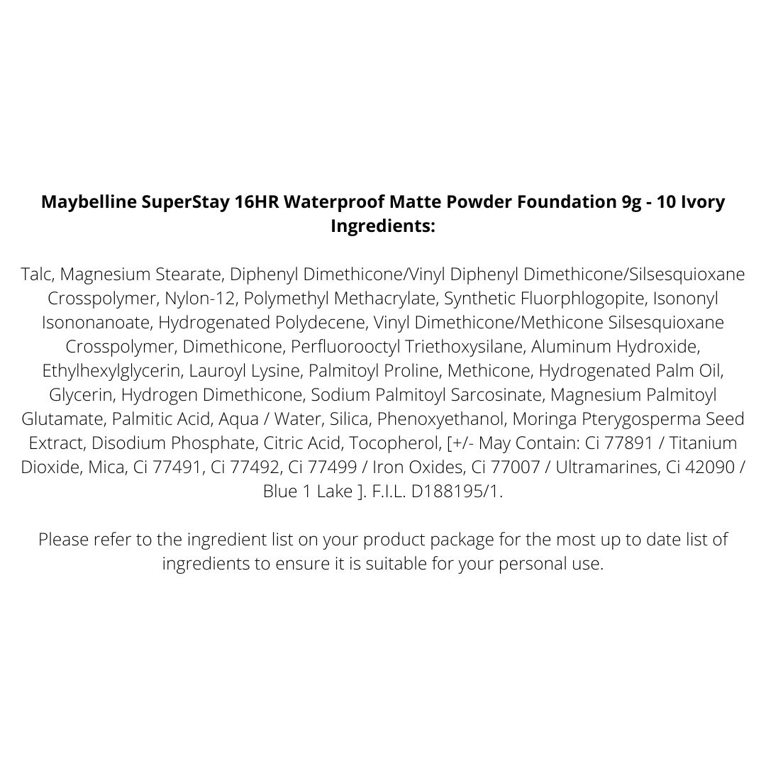 2 x Maybelline SuperStay 16HR Waterproof Matte Powder Foundation 9g - 10 Ivory