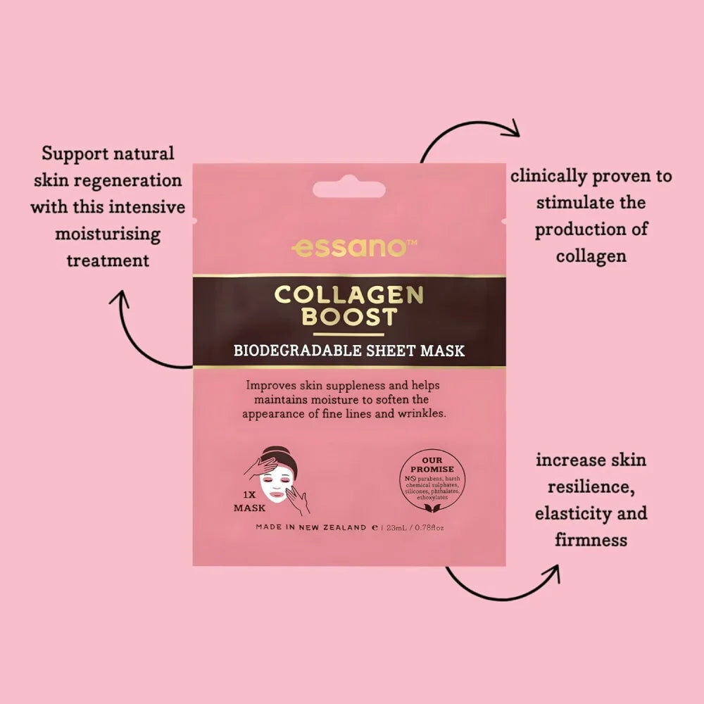 12 x Essano Collagen Boost Biodegradable Sheet Face Mask 23mL