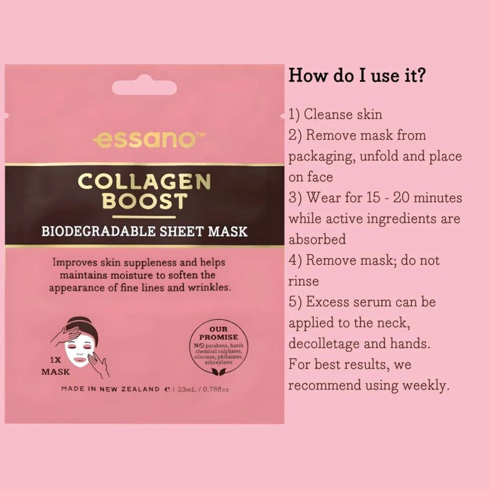 12 x Essano Collagen Boost Biodegradable Sheet Face Mask 23mL