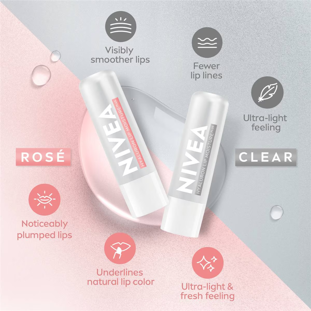 6 x Nivea Lip Moisture Plus Hyaluron Lip Balm 5.2g - Sheer Rose