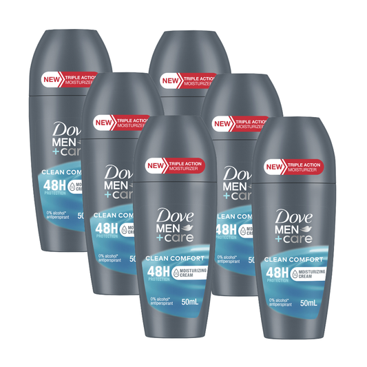 6 x Dove Men+Care 48H Protection Clean Comfort Antiperspirant Deodorant Roll On 50mL