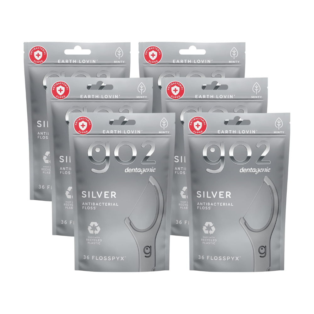 6 x Go2 Dentagenie Silver Antibacterial Floss Minty Flosspyx 36 Pack