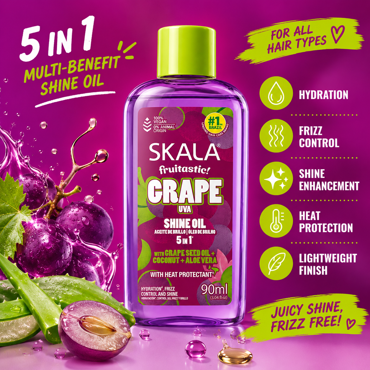 Skala Grape Shine 5-in-1 Hair Oil with Heat Protectant 90mL