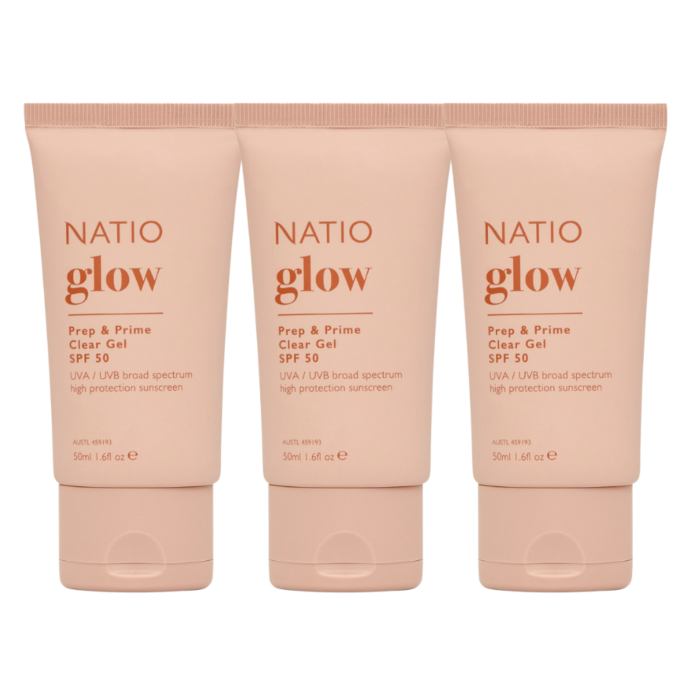 3 x Natio Glow Prep & Prime Clear Gel SPF50 Sunscreen 50mL